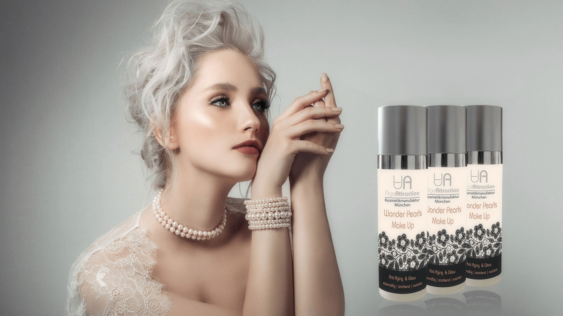 ilustrační portrét ženy s produktem Wonder Pearls Make-Up Fluid; PetraSouckova.cz