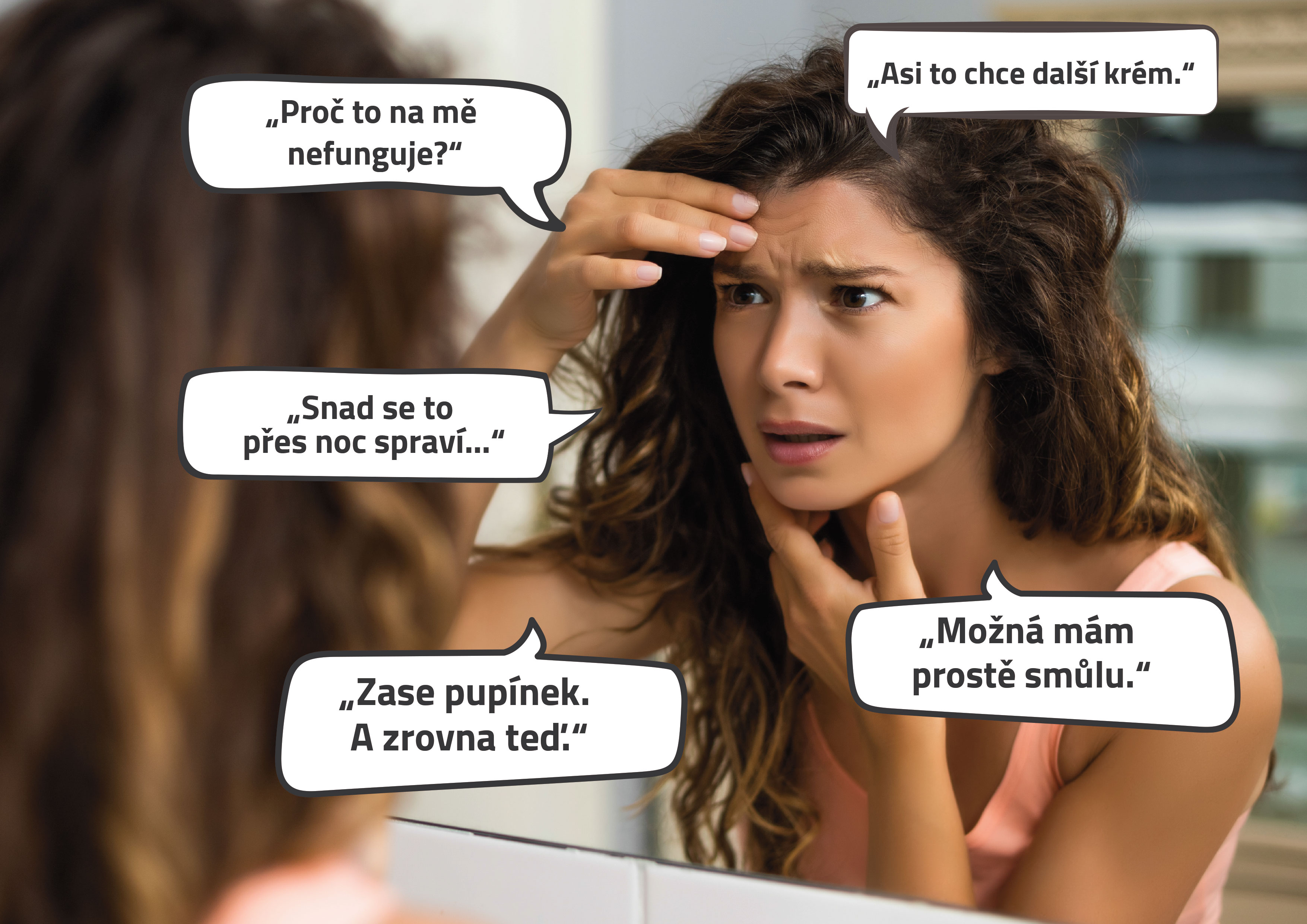 Žena je zmatená, protože neví, co její pleť potřebuje.