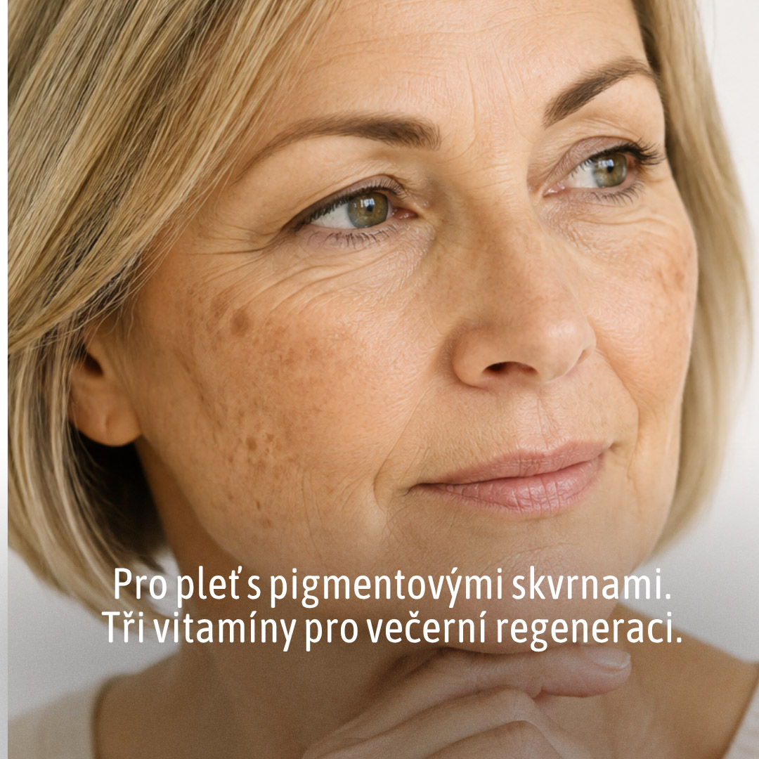 ilistrační grafický obrázek ženy se zralou pletí a lahvička s pipetou s vitamínovým komplexem