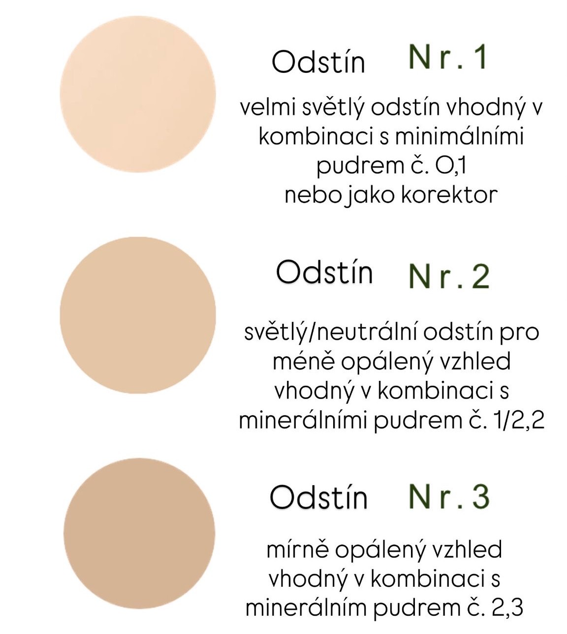 odstíny minerálního make-up fluidu pod sebou s popisem